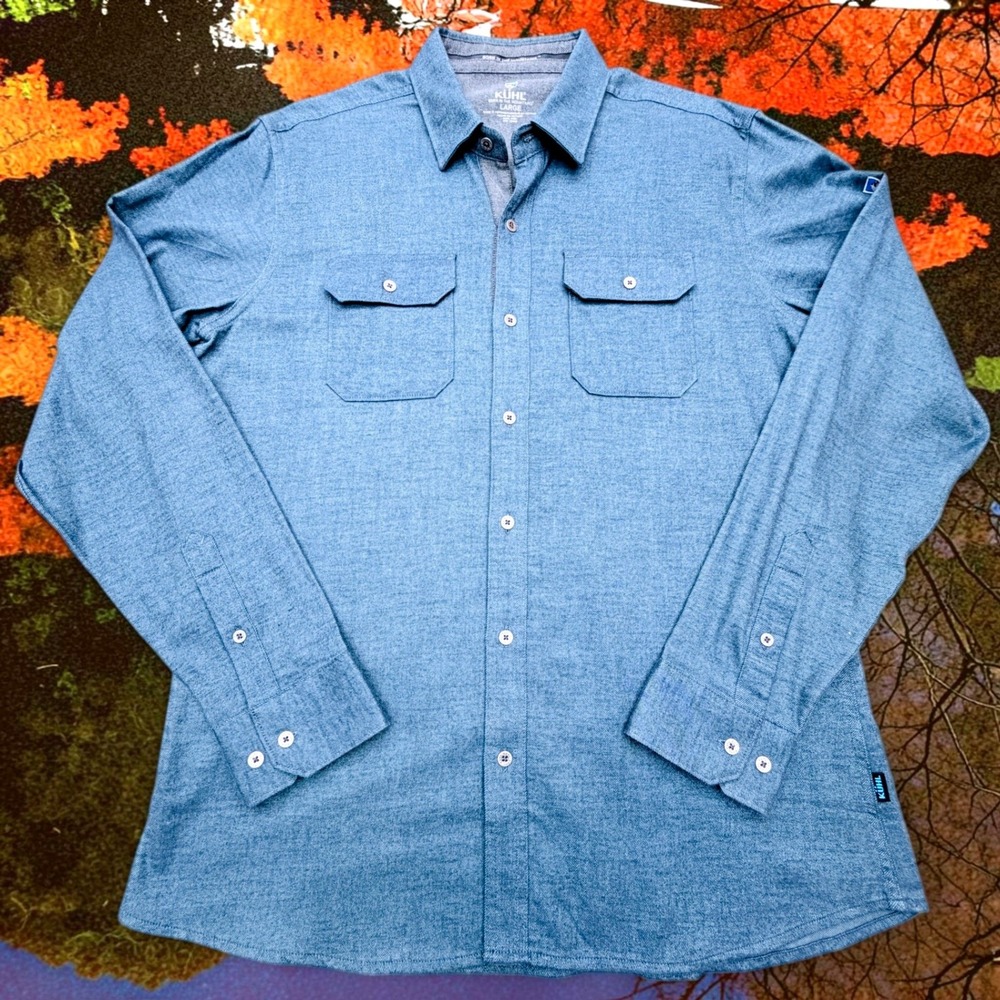 Kuhl Mens Blue Flannel Shirt Metal Buttons Size Large Flap Pockets Cotton Blend